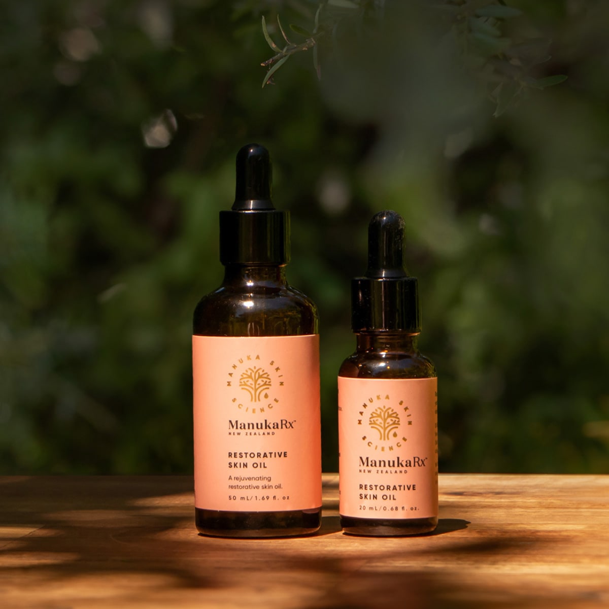 ManukaRx Restorative Skin Oil 20ml and 50ml bottles