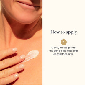 How to apply information for ManukaRx Firming Neck Cream next to image of woman applying cream to her décolletage area