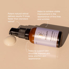 Bottle of ManukaRx Firming Serum with product pumped out beside it surrounded by product benefits listed  around the bottle 